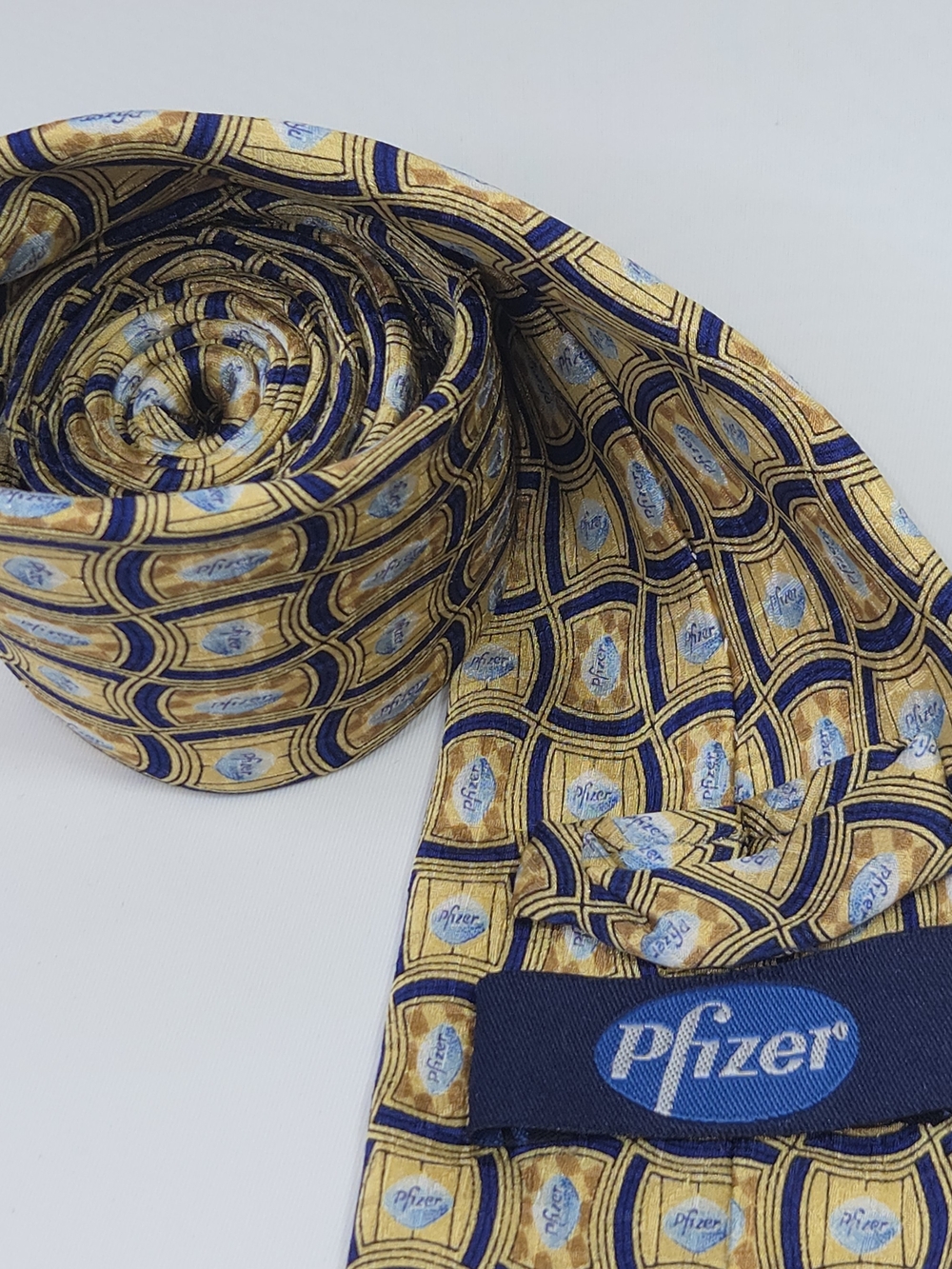 Pfizer Mens Gold & Blue Pill Print 100% Silk Novelty Tie 3.55x59.5"